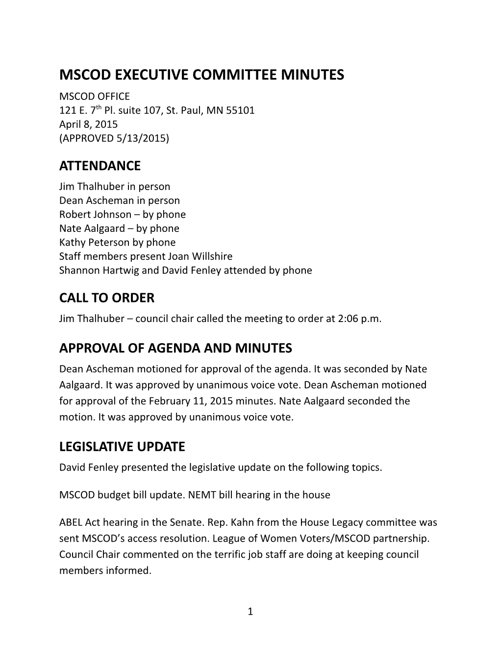 MSCOD Executive Committee Meeting Minutes, 04/08/2015