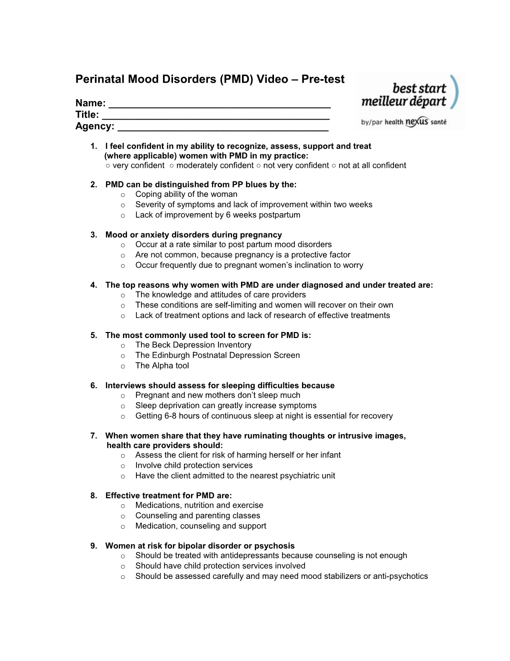 Perinatal Mood Disorders (PND) Pre-Test