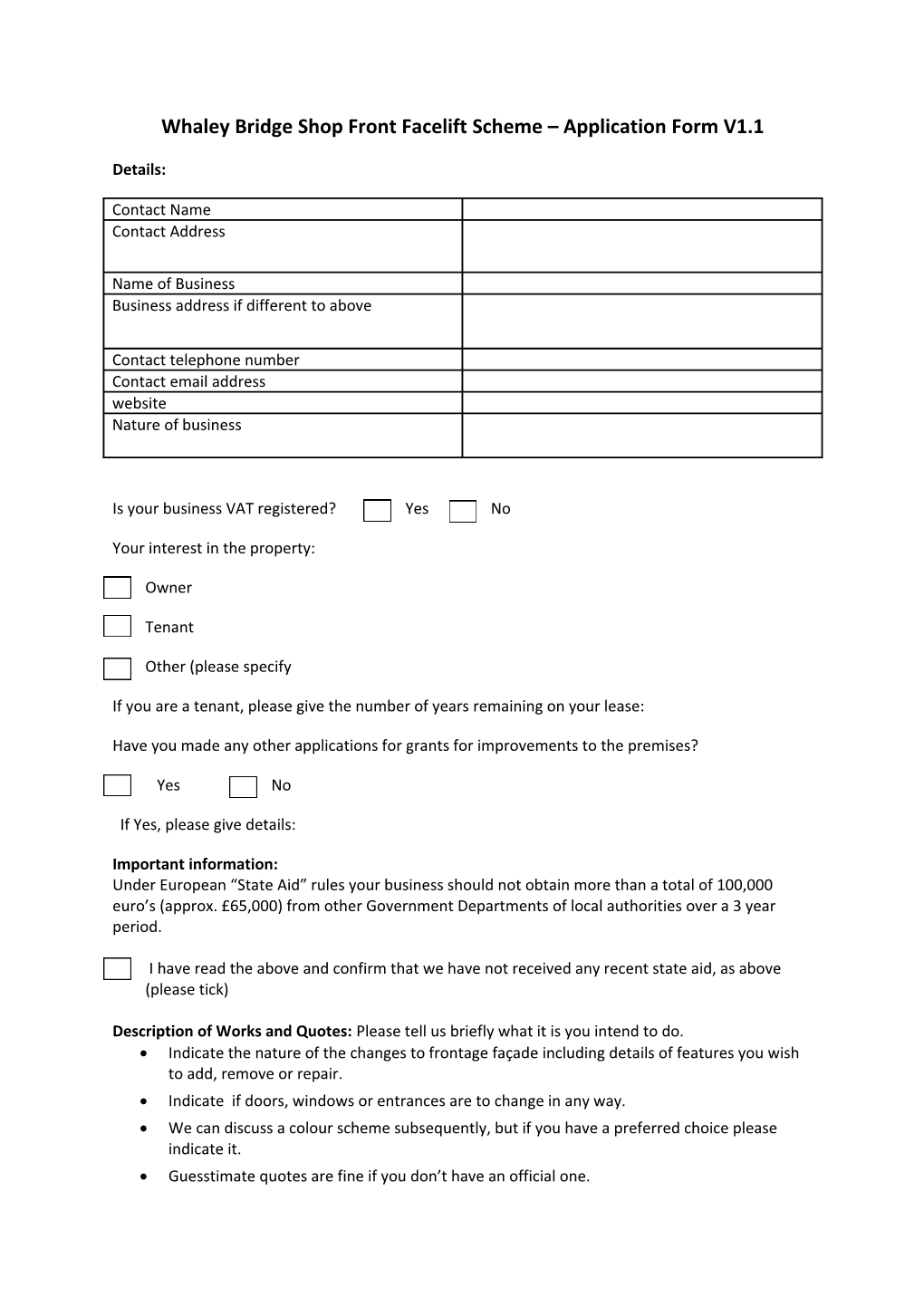 Whaley Bridge Shop Front Facelift Scheme Application Form V1.1