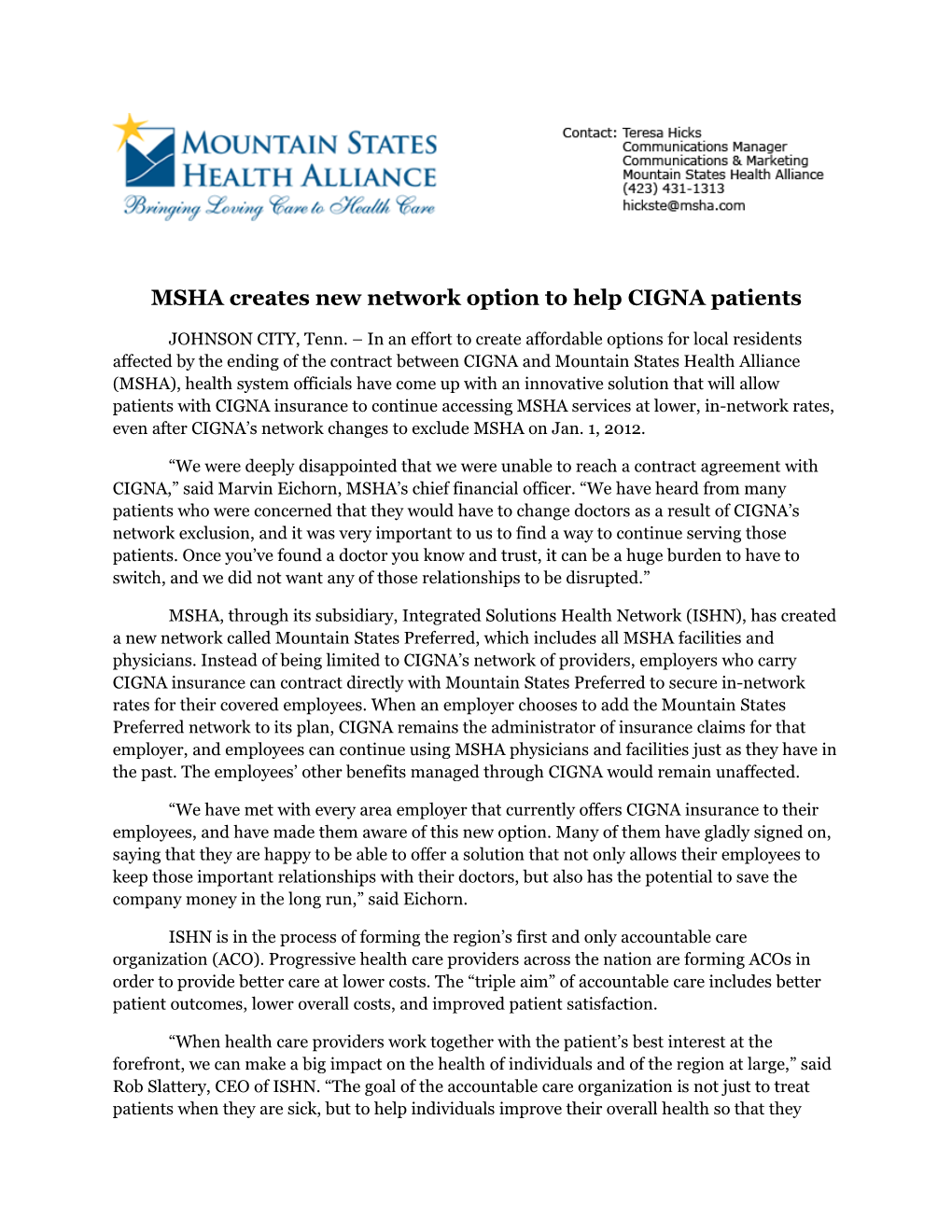 MSHA Creates New Network Option to Help CIGNA Patients