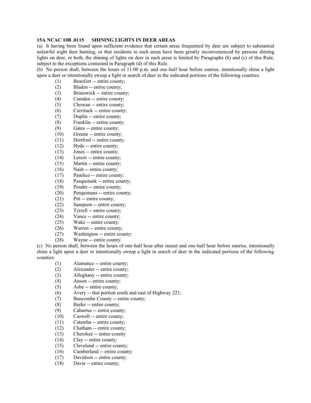 15A Ncac 10B .0115Shining Lights in Deer Areas