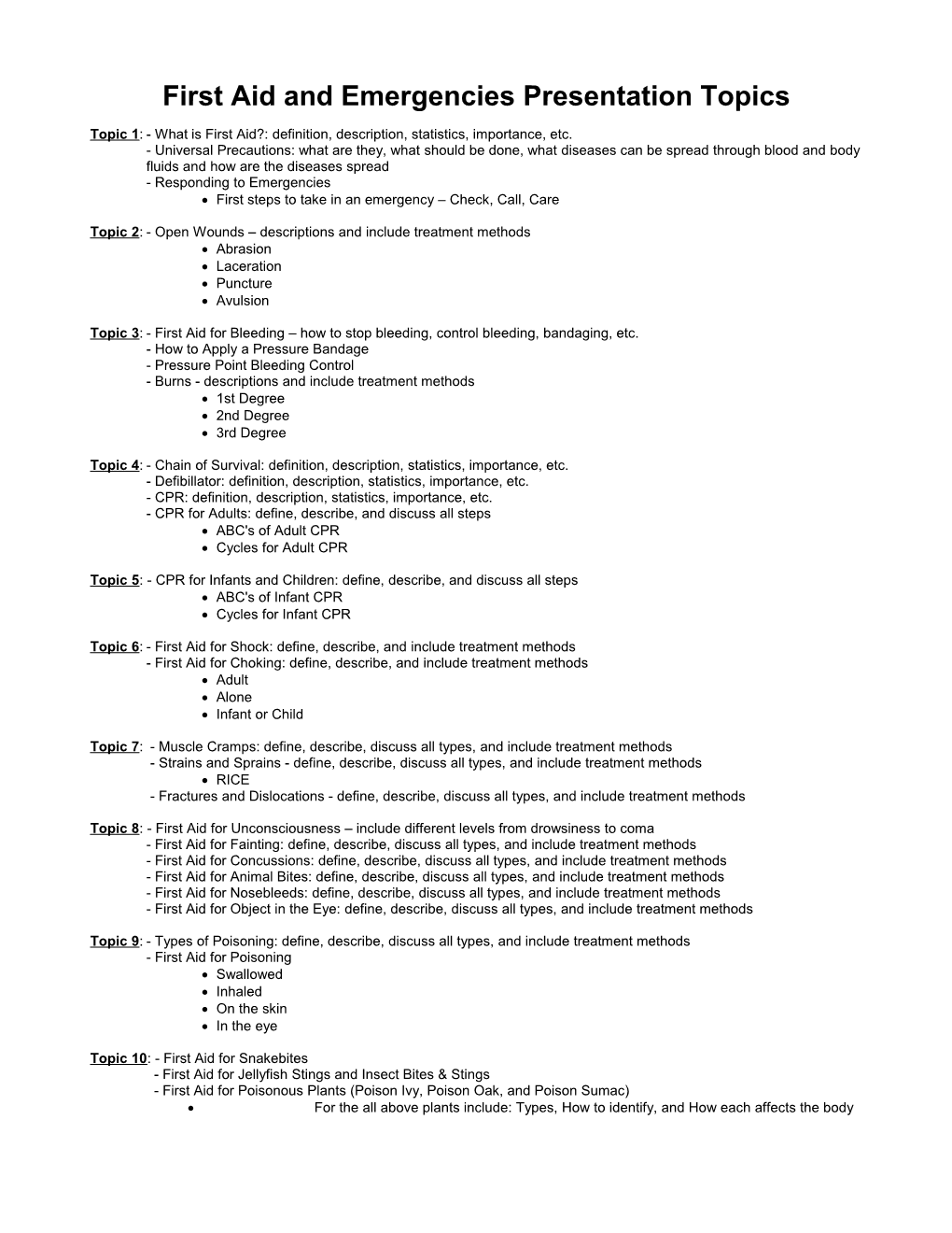 First Aid and Emergencies Presentation Topics