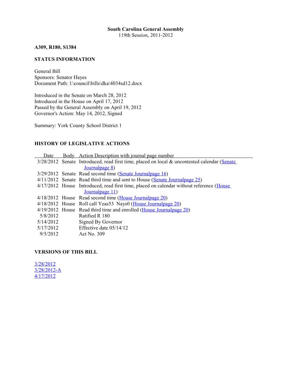 2011-2012 Bill 1384: York County School District 1 - South Carolina Legislature Online