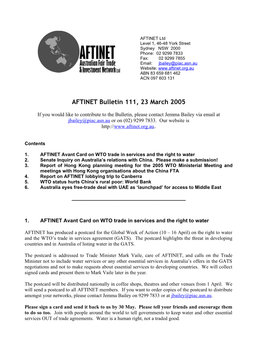 AFTINET Bulletin 111, 23 March 2005