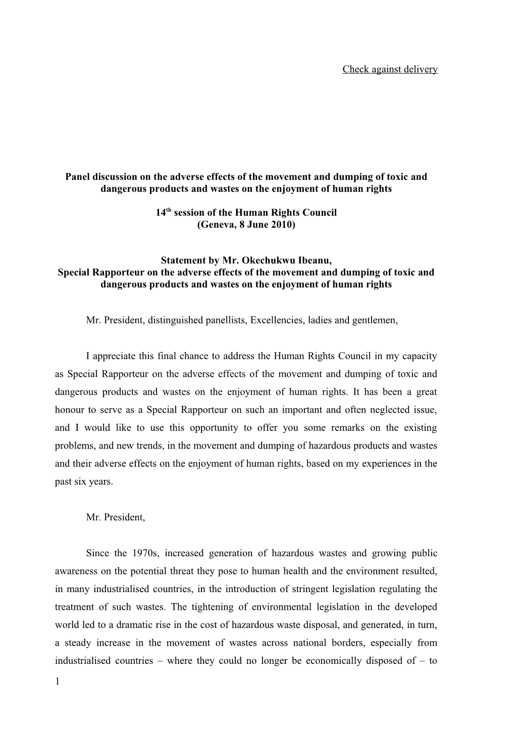 Statement of the Special Rapporteur on Adequate Housing