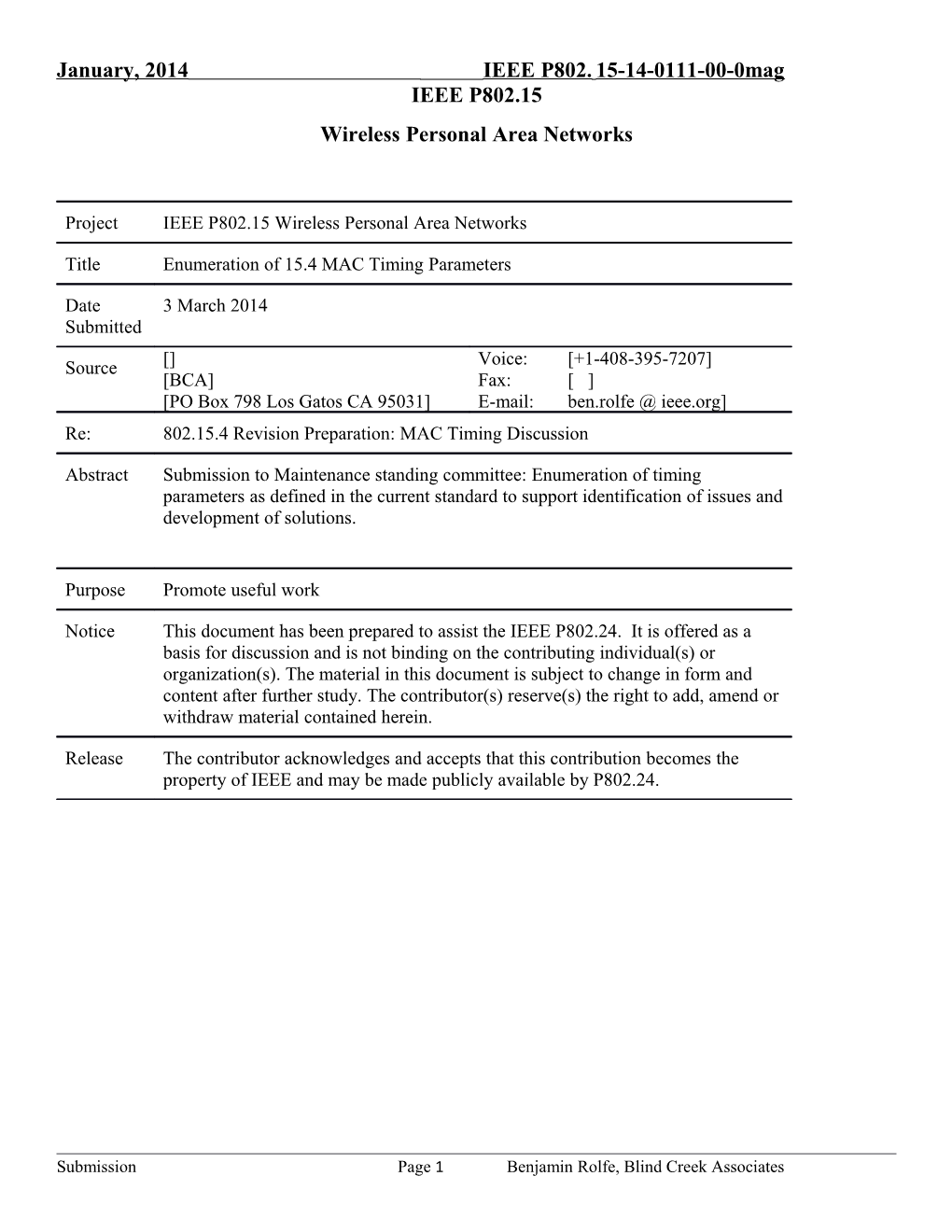 Enumeration of 15.4 MAC Timing Parameters