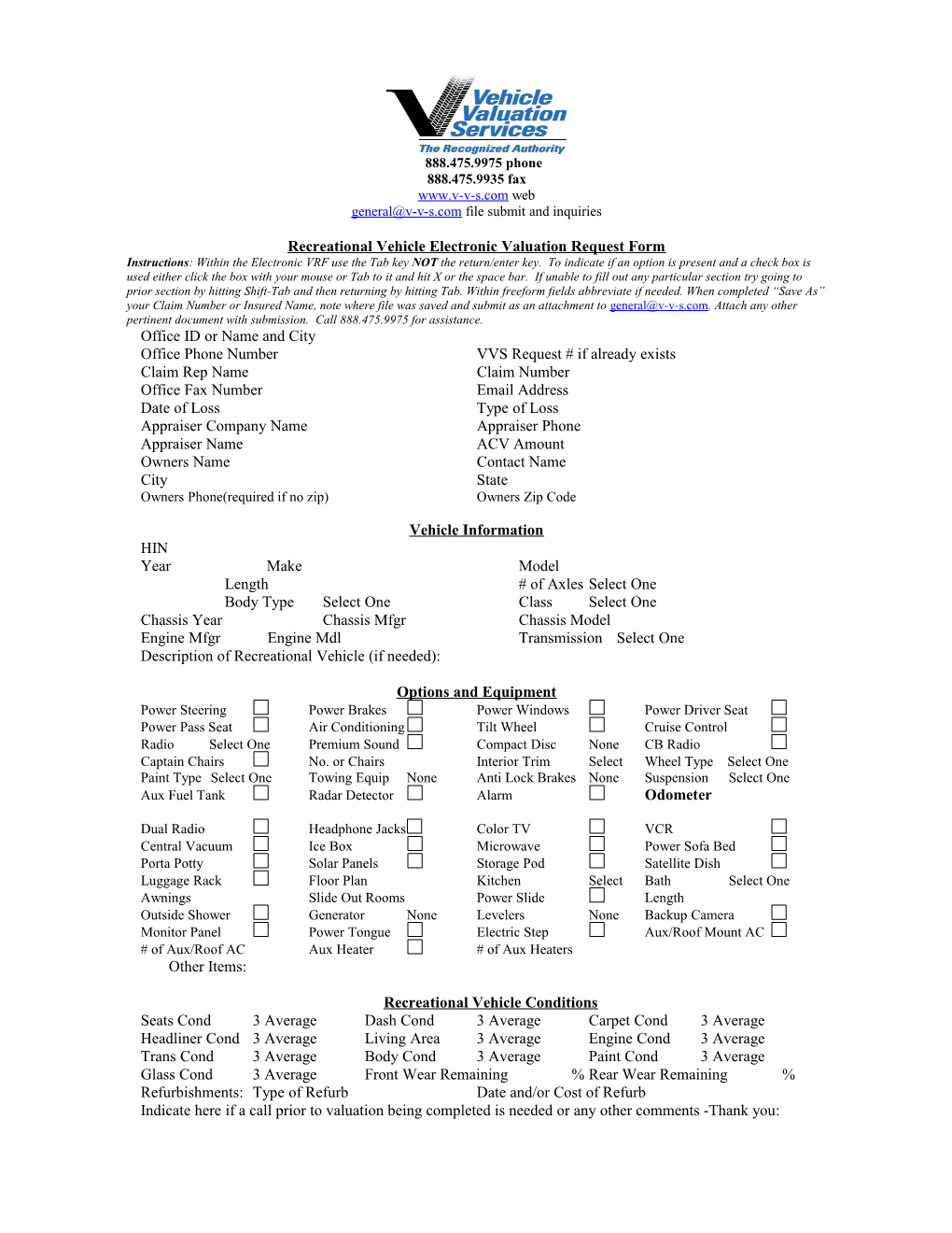 Recreational Vehicle Electronic Valuation Request Form