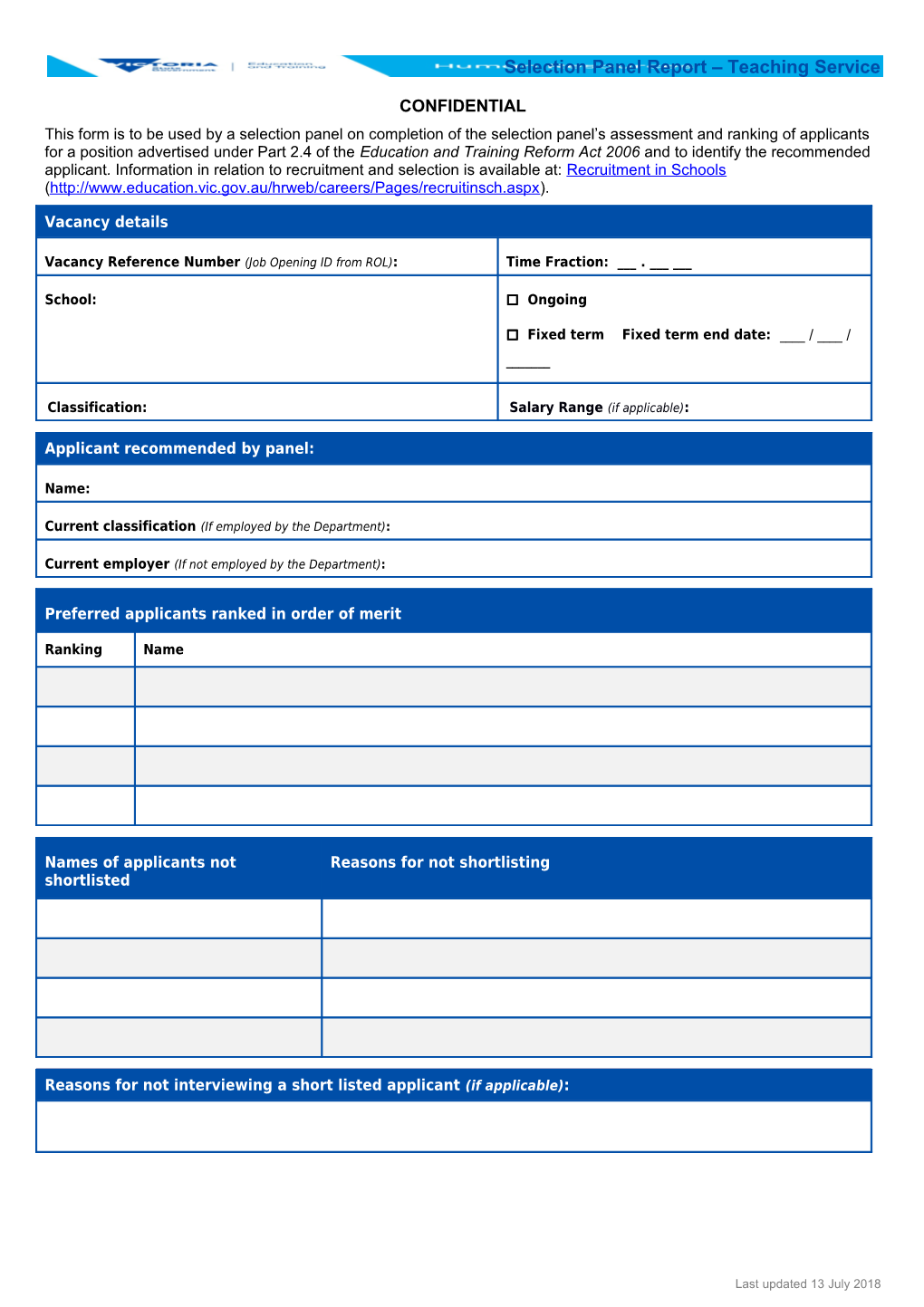 Selection Report - Teaching Service Form