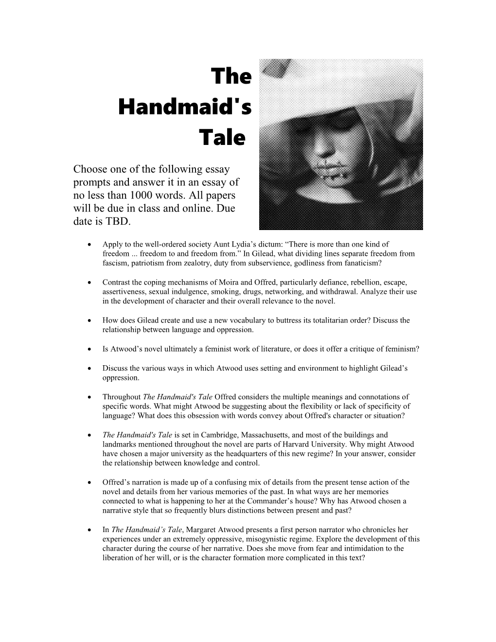 A Handmaid's Tale Essay/Study Questions