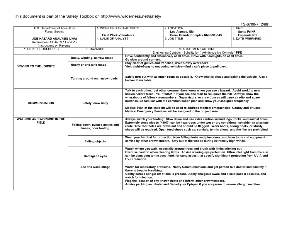 Job Hazard Analysis - Volunteers