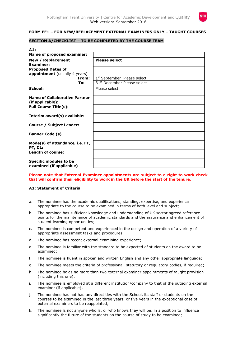 Form Ee1 for New/Replacement External Examiners Only Taught Programmes