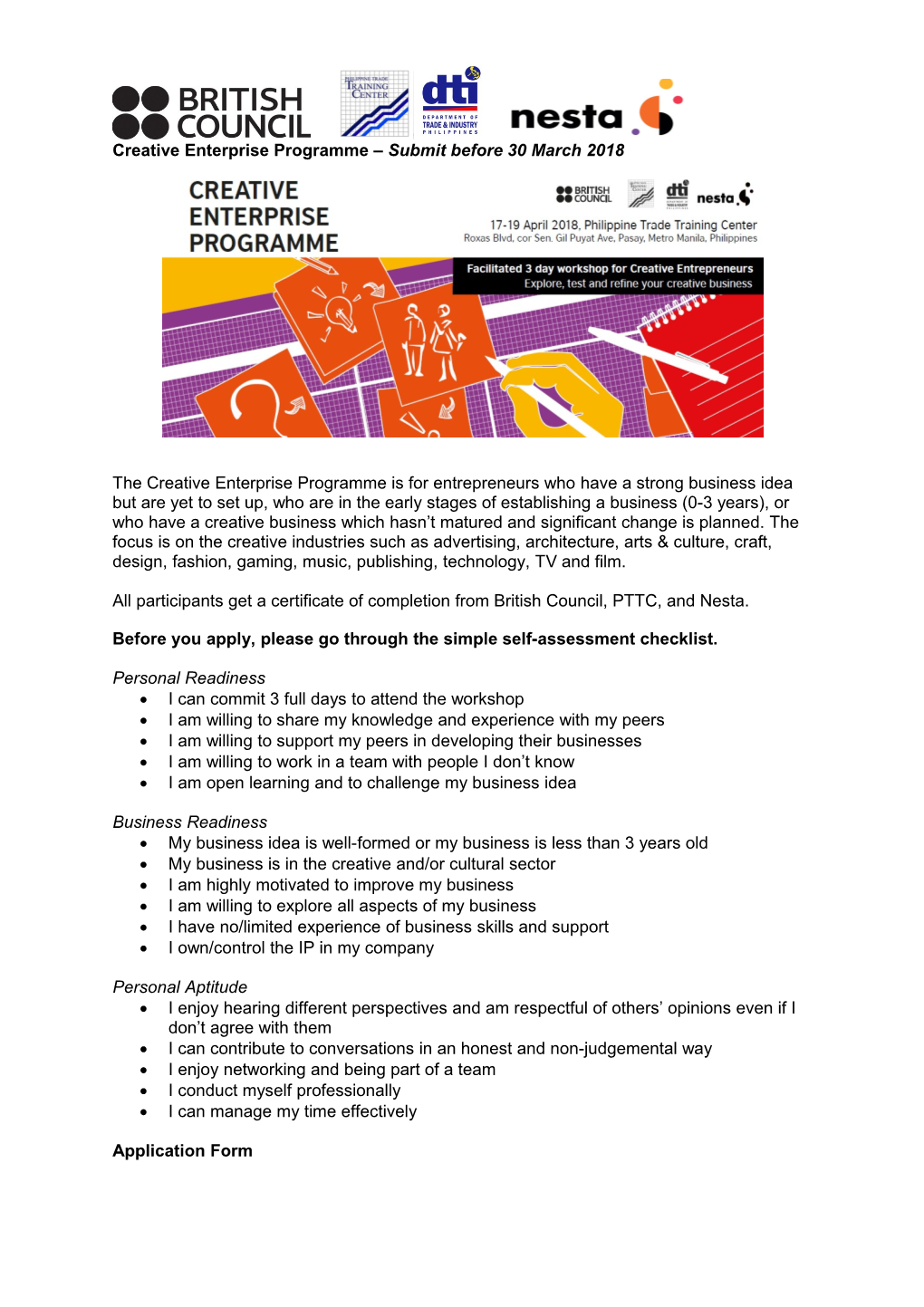 Creative Enterprise Programme Submit Before 30 March 2018