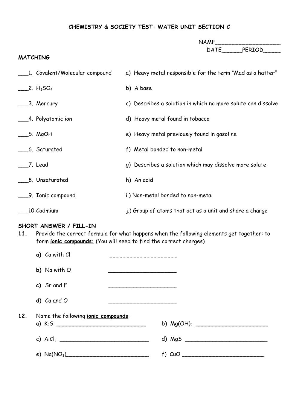 Chemistry & Society Test: Water Unit Section C