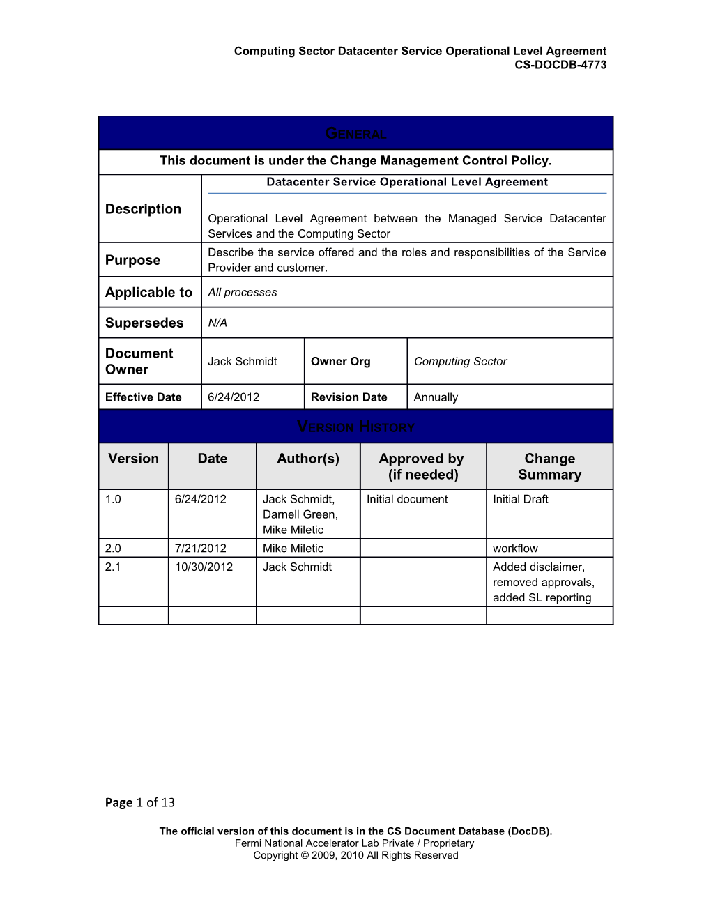 Datacenter Service Operational Level Agreement