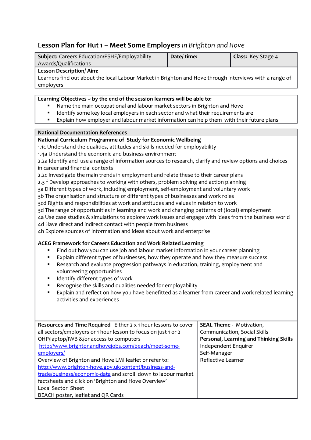 Lesson Plan for Hut 1 Meet Some Employers in Brighton and Hove