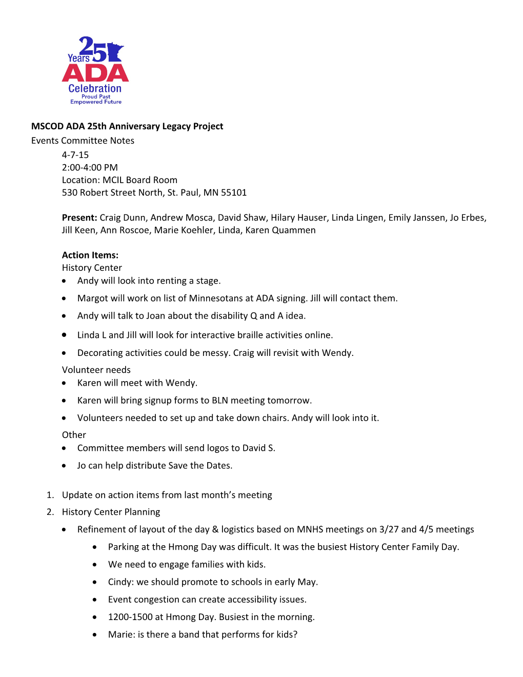 Events Committee Notes, 4-7-15