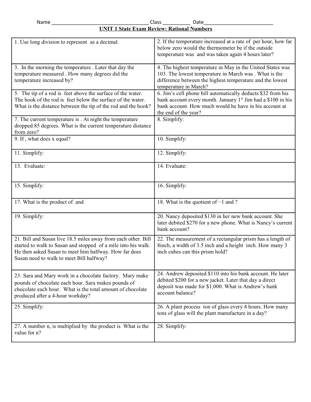 UNIT 1 State Exam Review: Rational Numbers