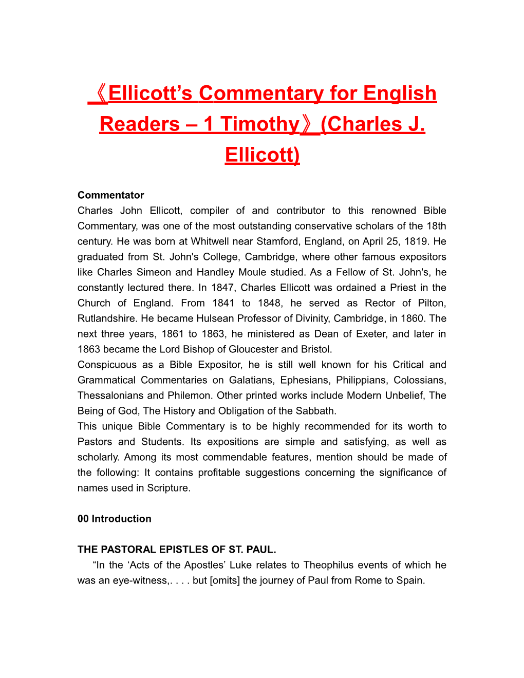 Ellicott Scommentary for English Readers 1 Timothy (Charles J. Ellicott)