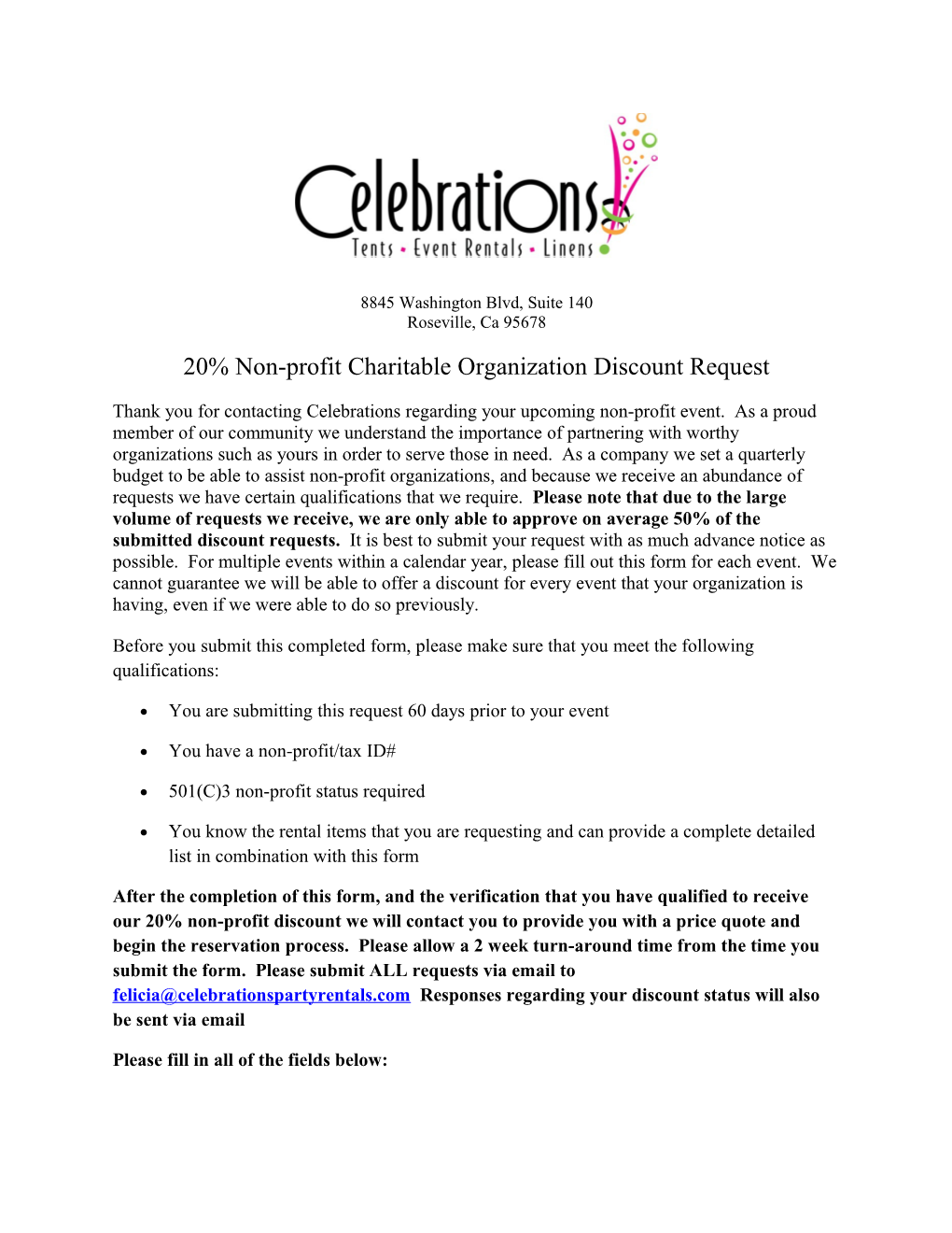 20% Non-Profit Charitable Organization Discount Request