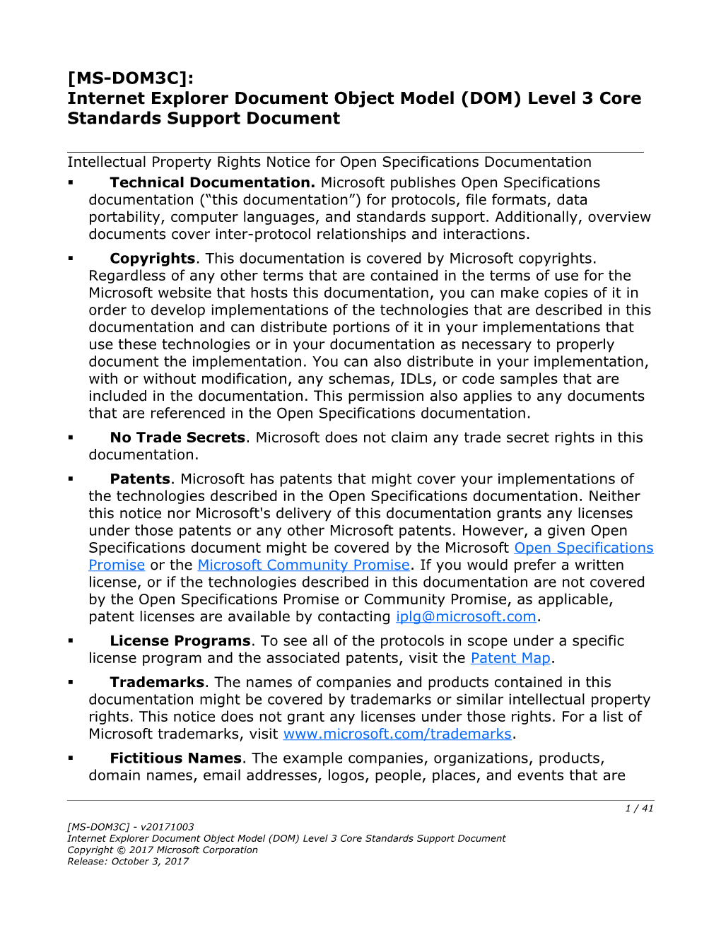 Internet Explorer Document Object Model (DOM) Level 3 Core Standards Support Document