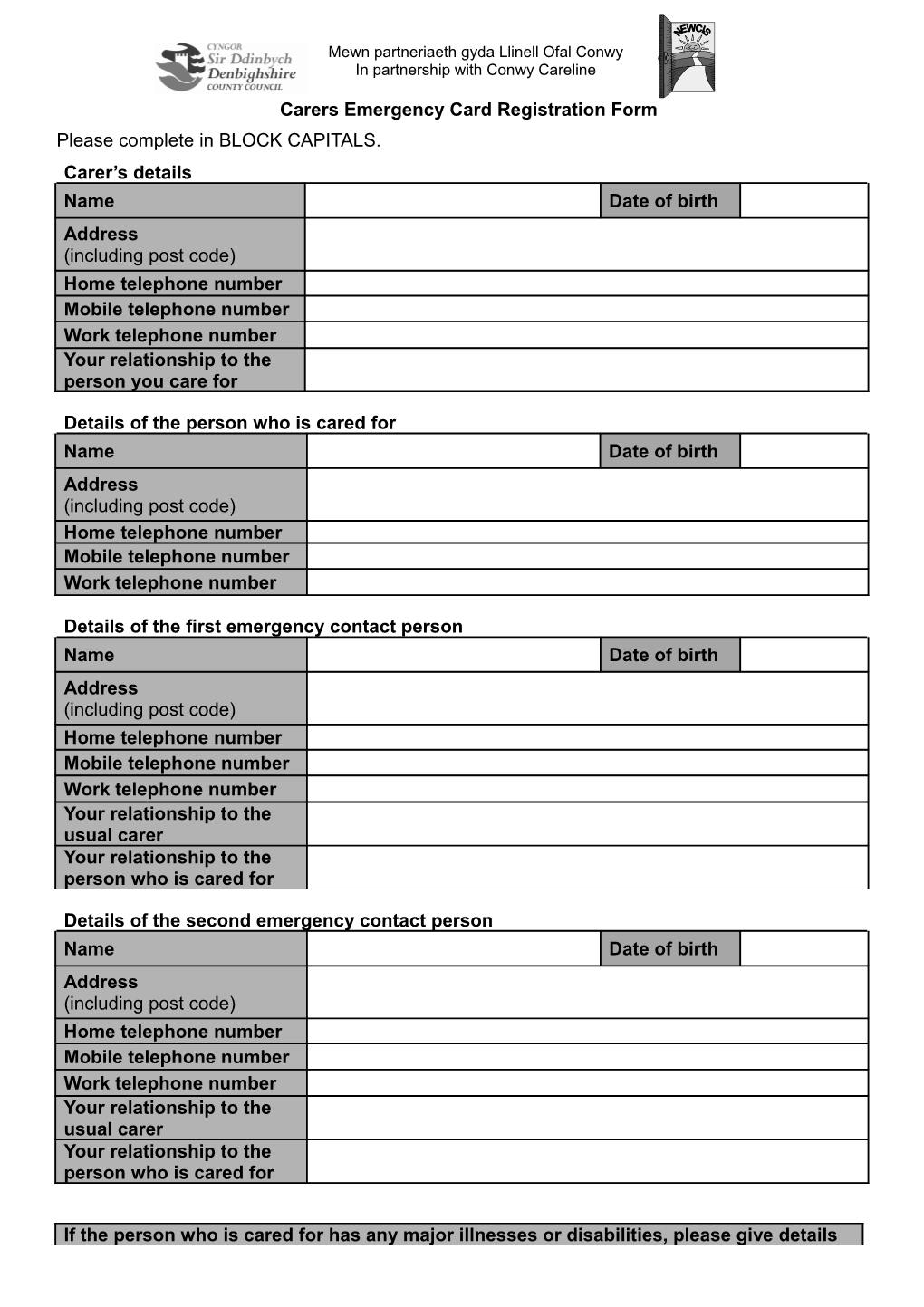 Carers Emergency Card Registration Form