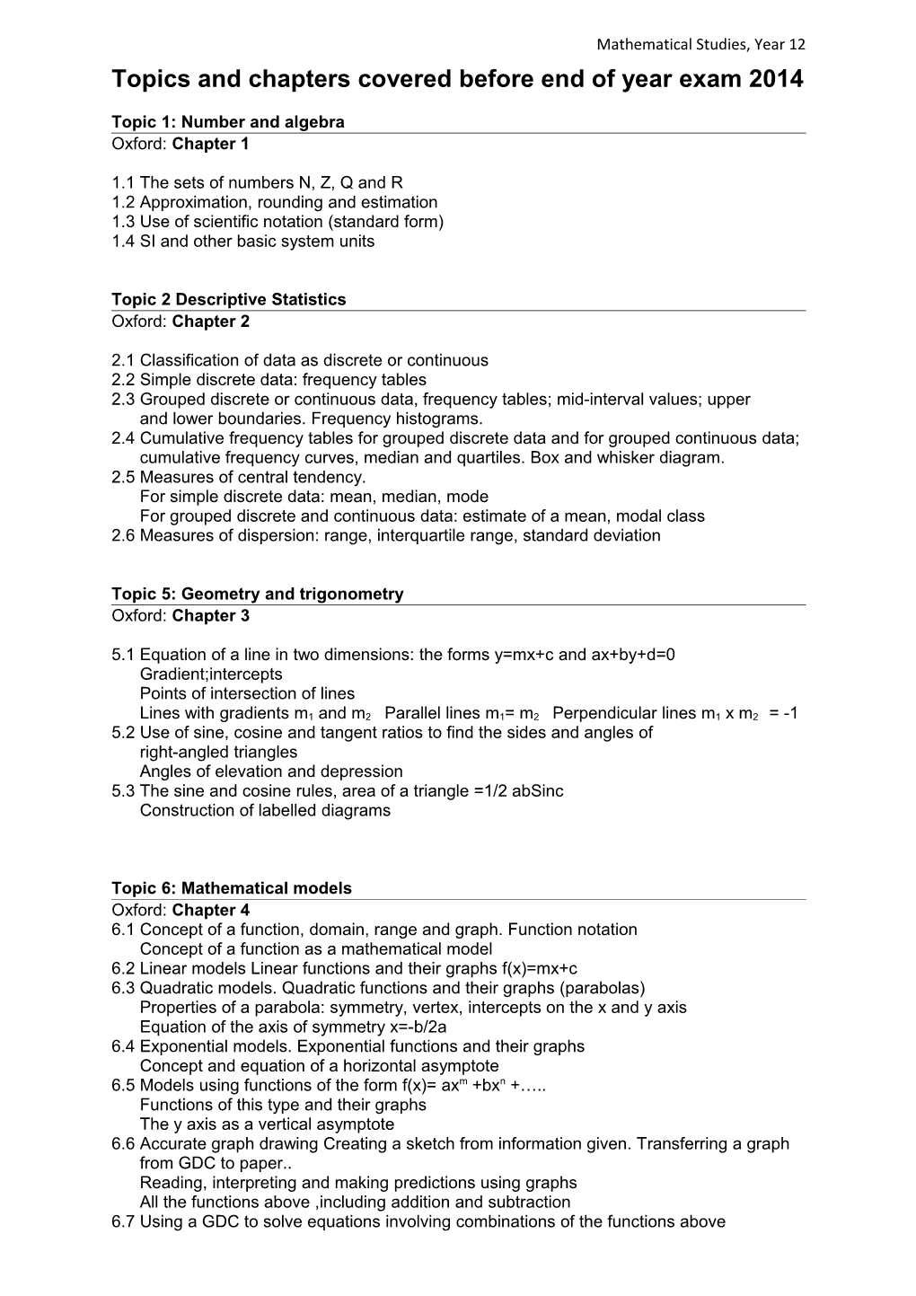 Topics and Chapters Covered Before End of Year Exam2014