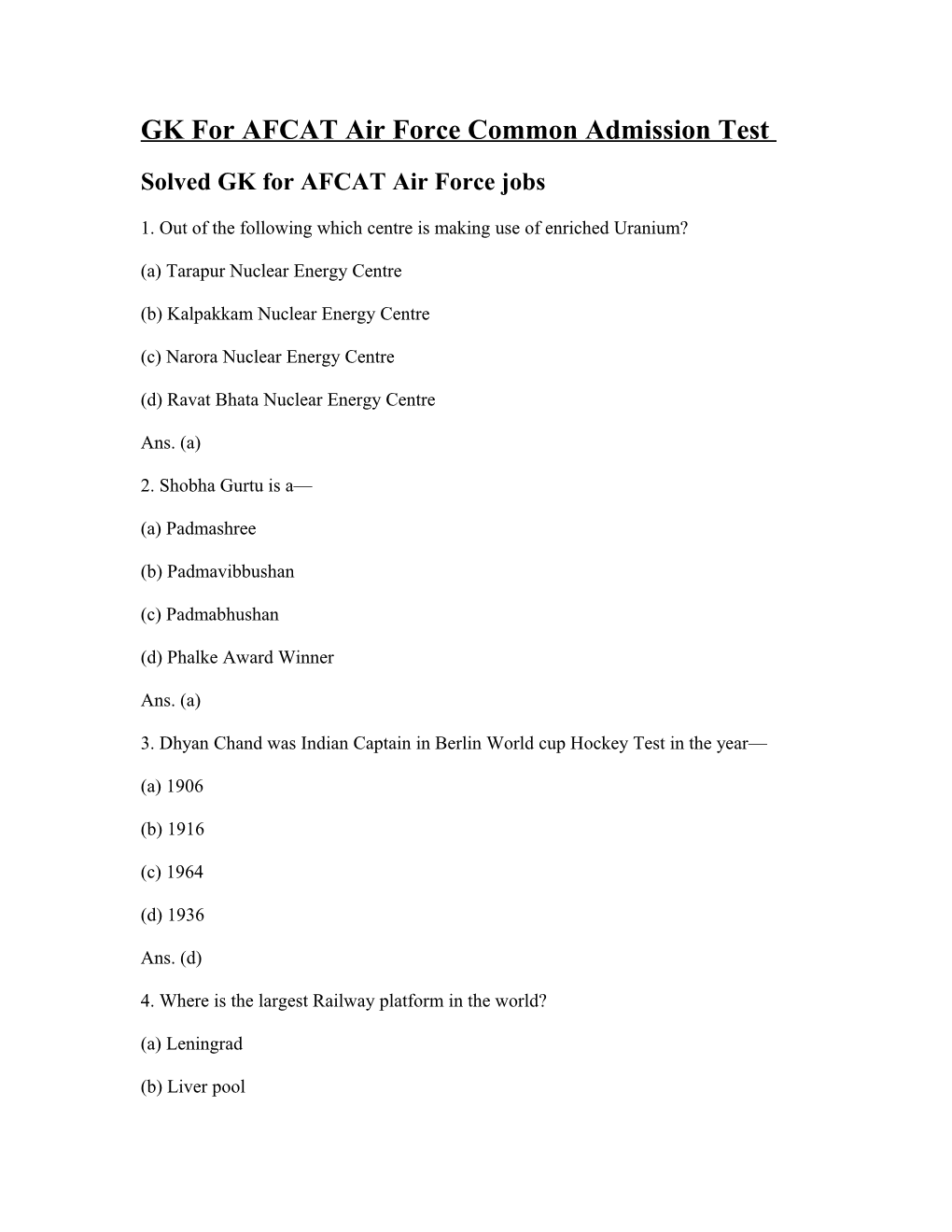 General Awareness GK Reasoning for AFCAT