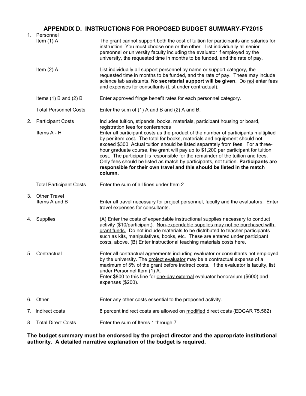 Appendix D. Instructions for Proposed Budget Summary-Fy2015