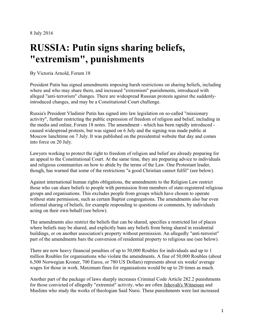 RUSSIA: Putin Signs Sharing Beliefs, Extremism , Punishments