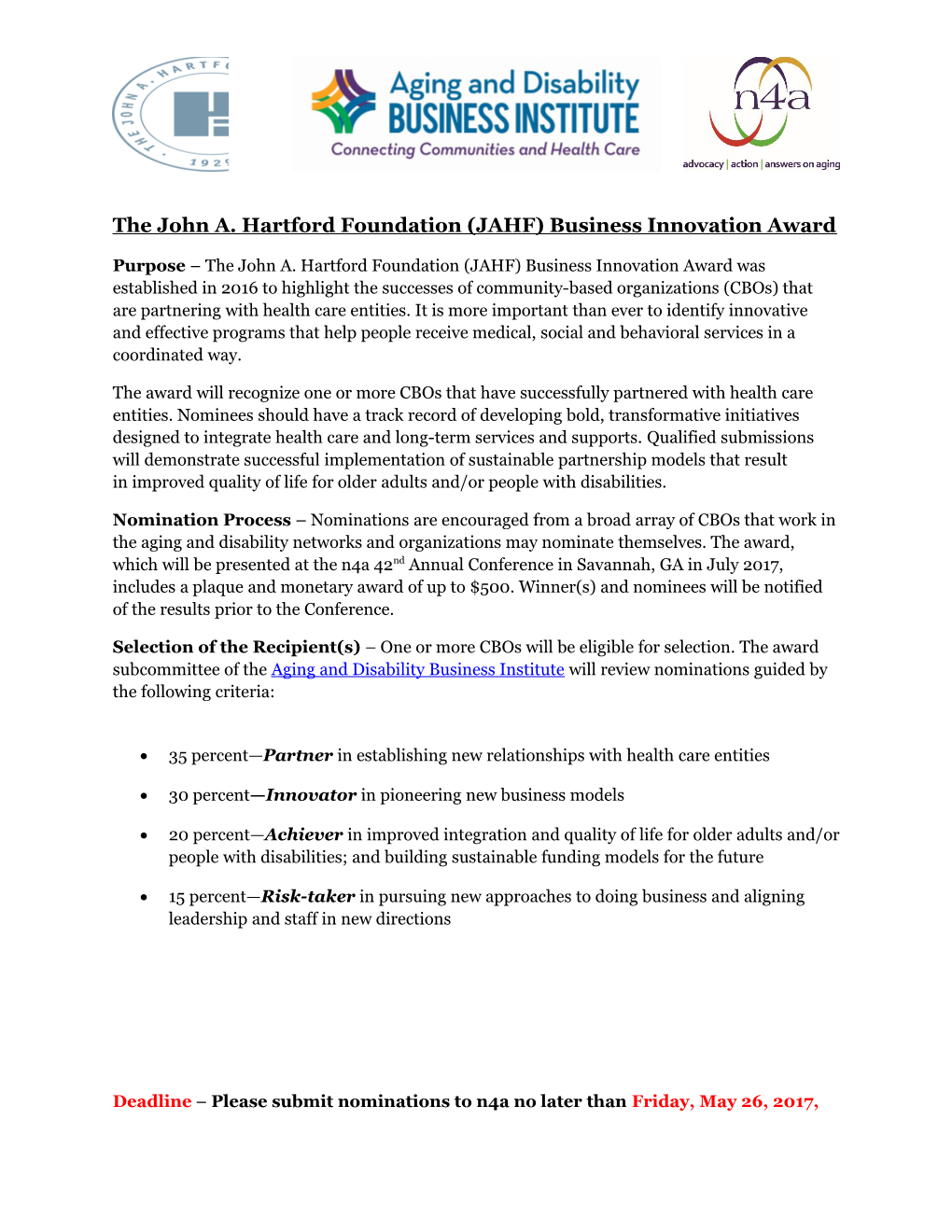 The John A. Hartford Foundation (JAHF) Business Innovation Award