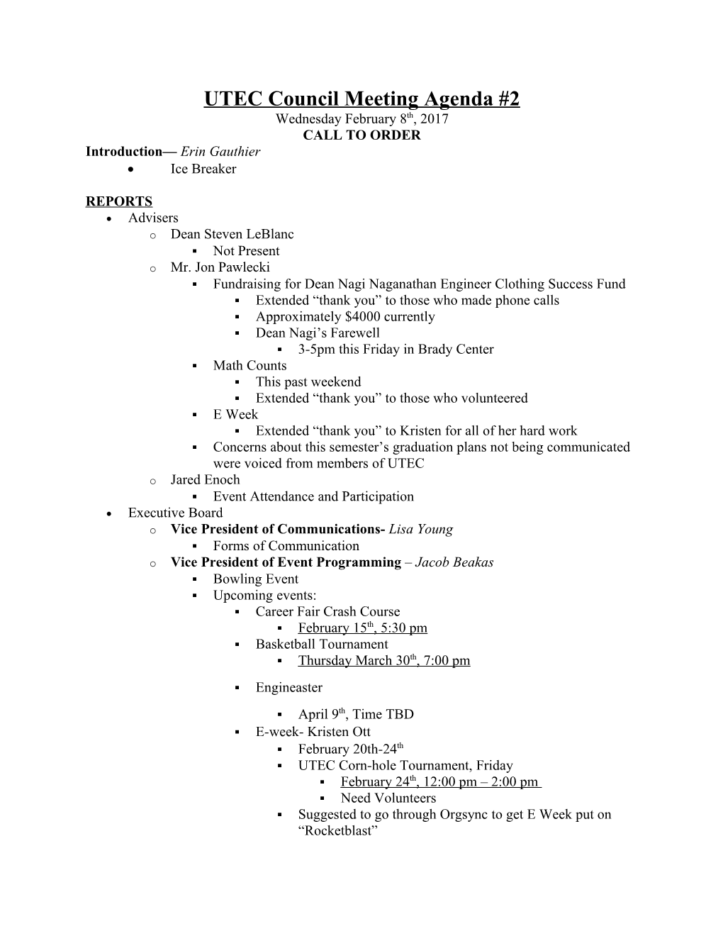 UTEC Council Meeting Agenda #2