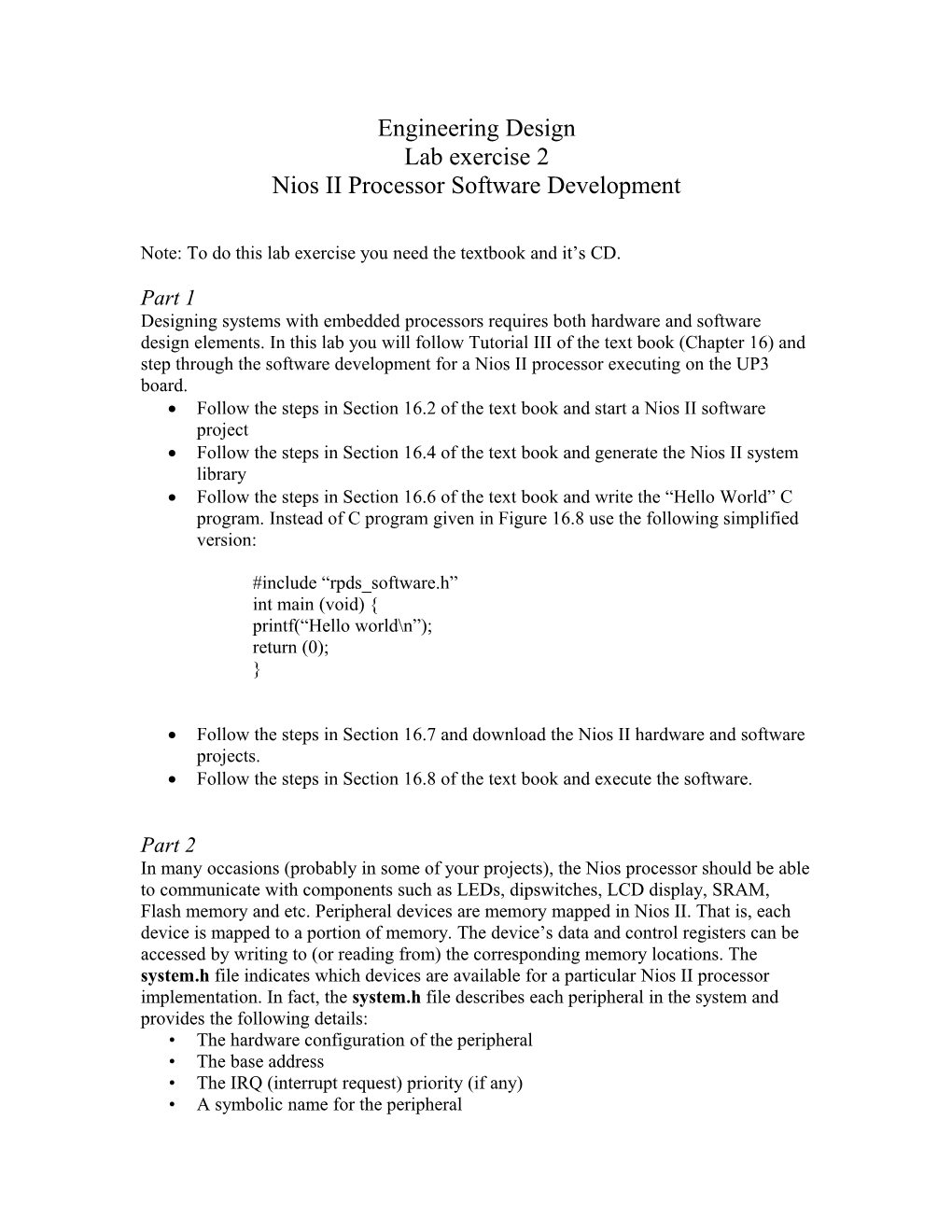 Nios II Processor Software Development
