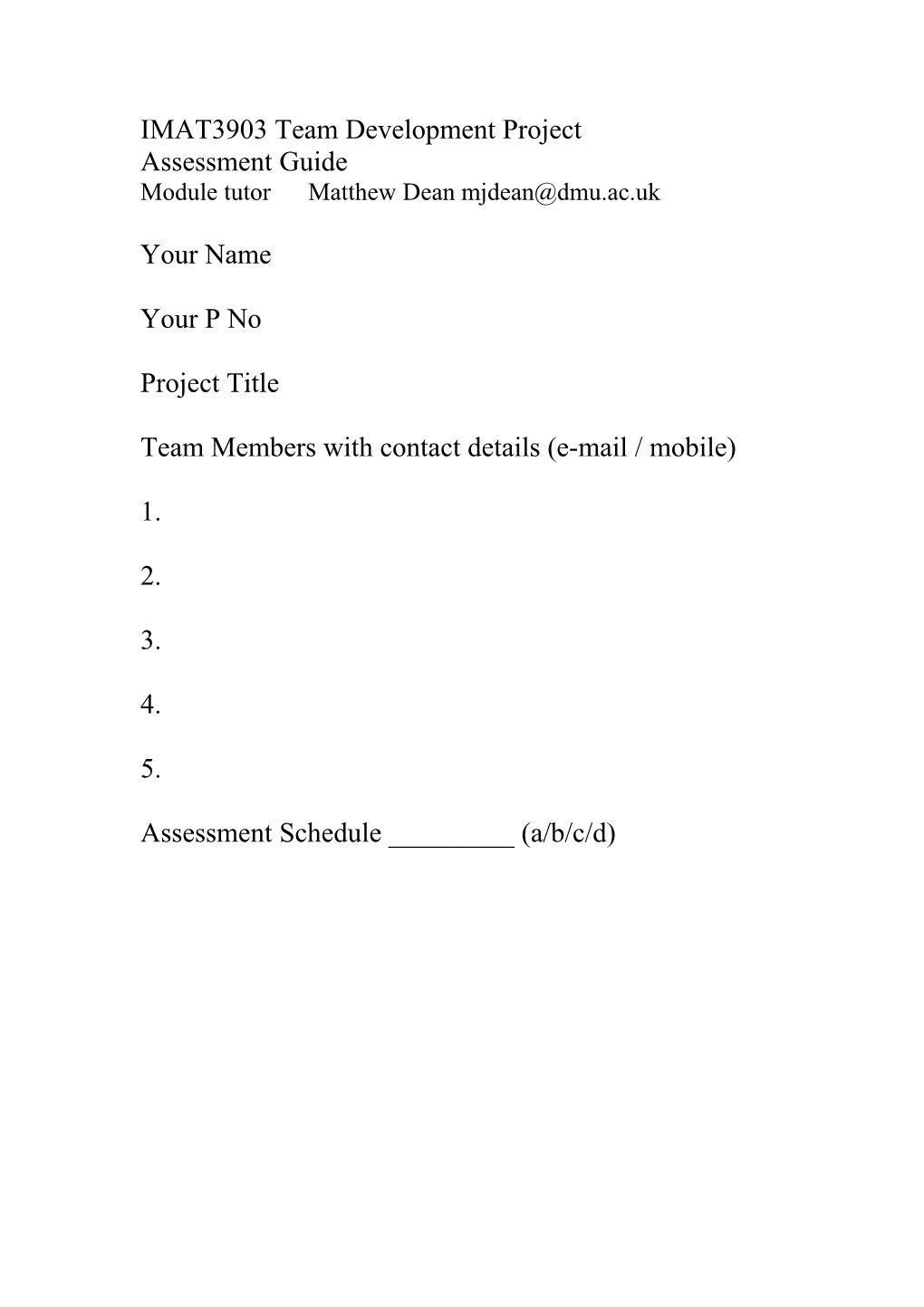 IMAT3903 Team Development Project Assessment