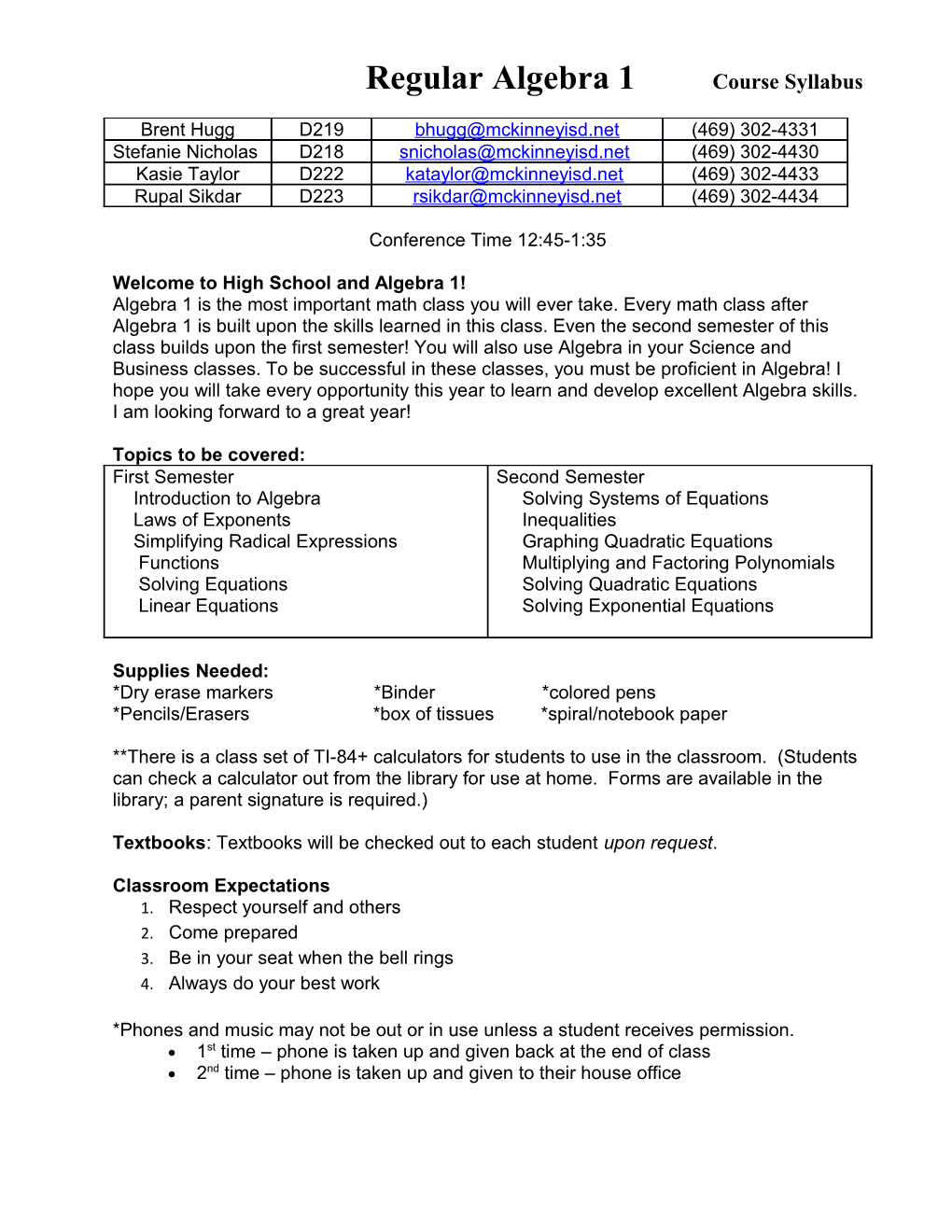 Regular Algebra 1 Course Syllabus