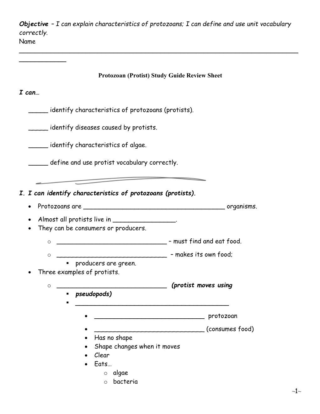 Protozoan (Protist) Study Guide Review Sheet