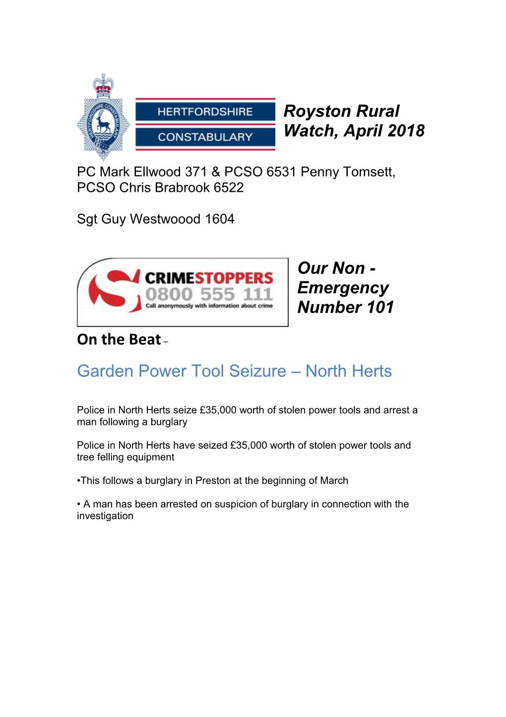 Royston Rural Watch, April 2018