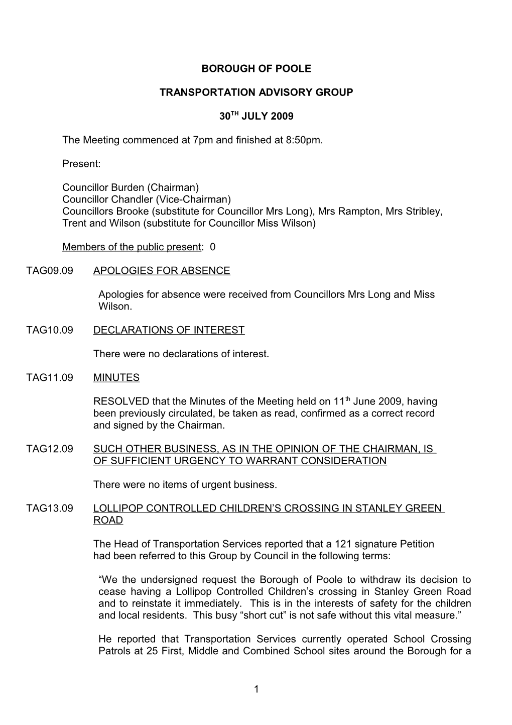 Minutes - Transportation Advisory Group - 30 July 2009