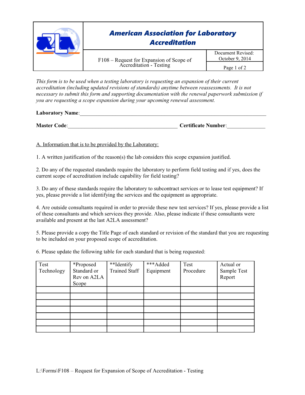 This Form Is to Be Used When a Testing Laboratory Is Requesting an Expansionof Their Current