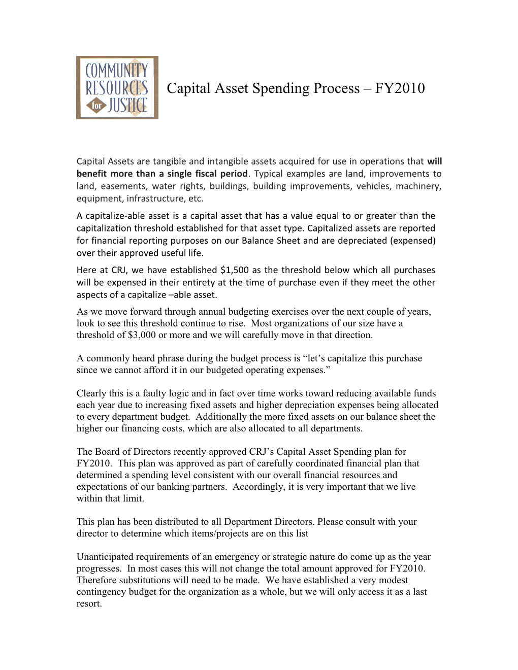 Capital Expenditure Process FY2010