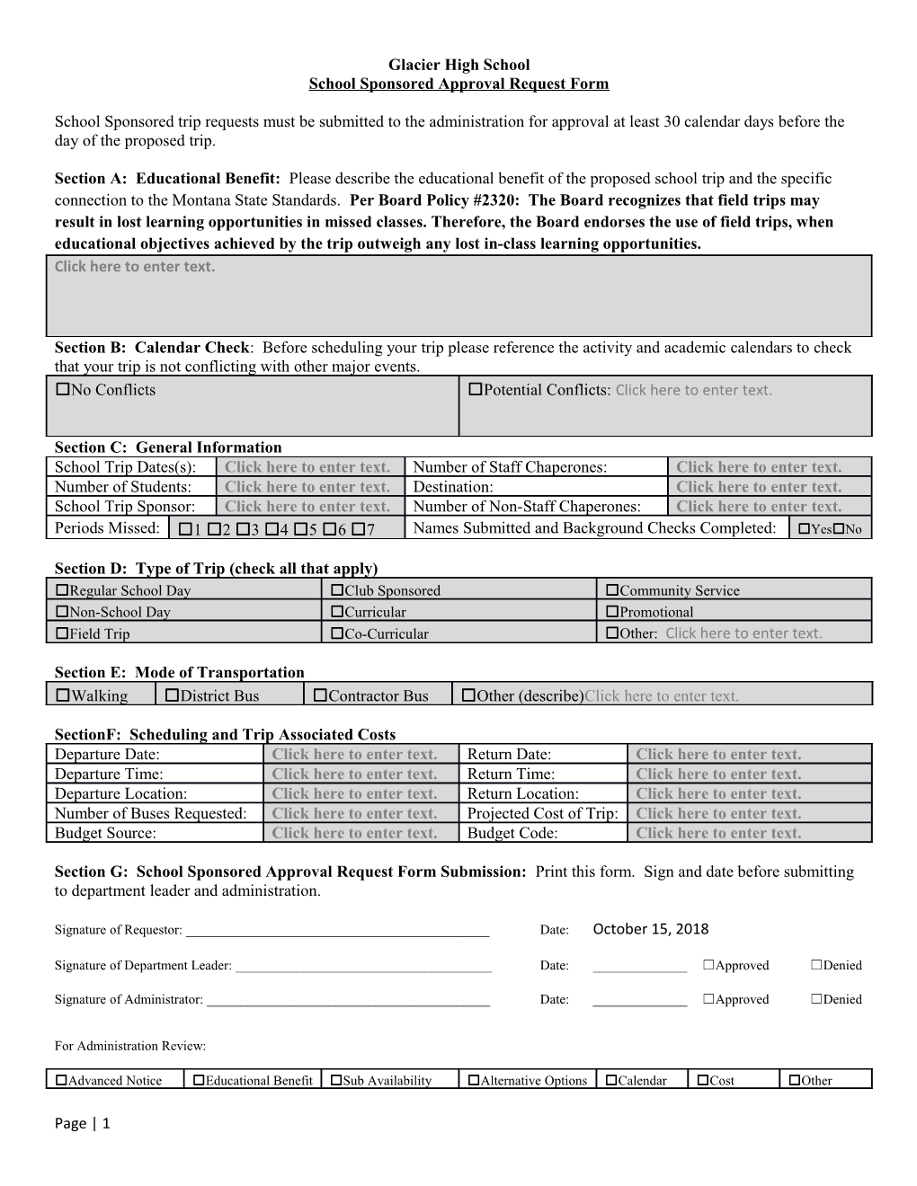 School Sponsored Approval Request Form