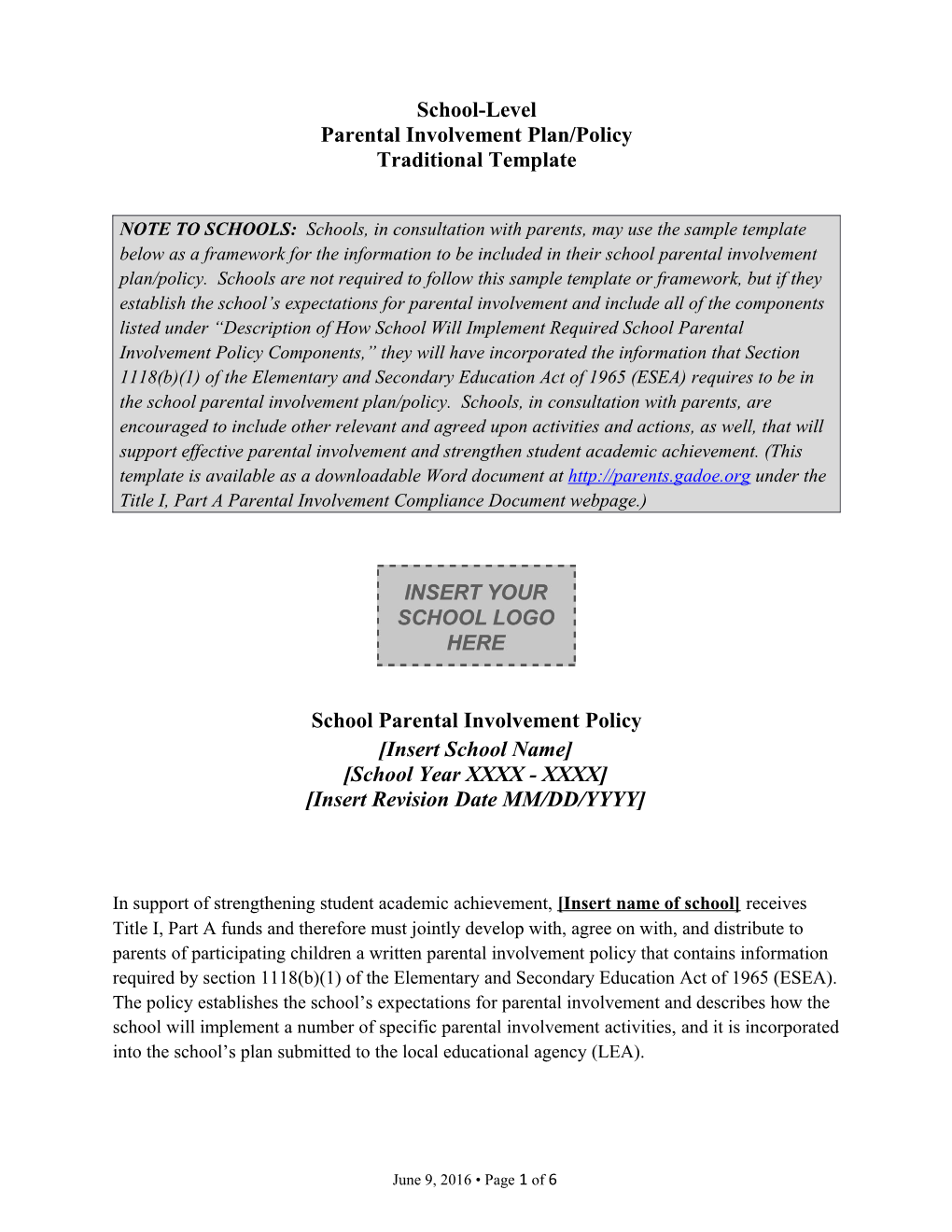 Parental Involvement Plan/Policy