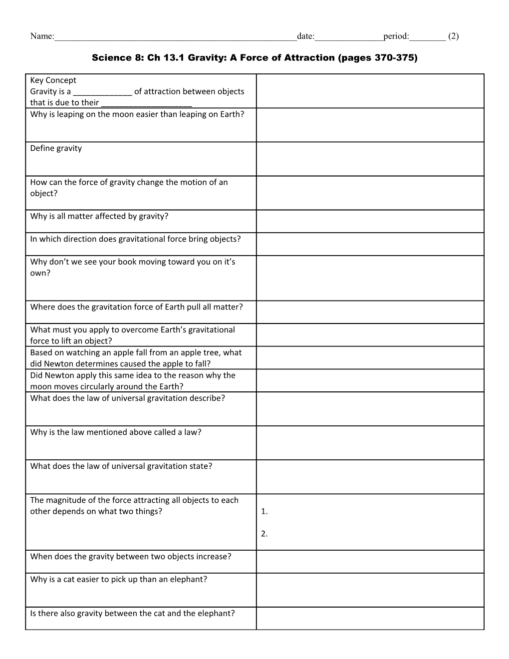 Science 8: Ch 13.1 Gravity: a Force of Attraction (Pages 370-375)