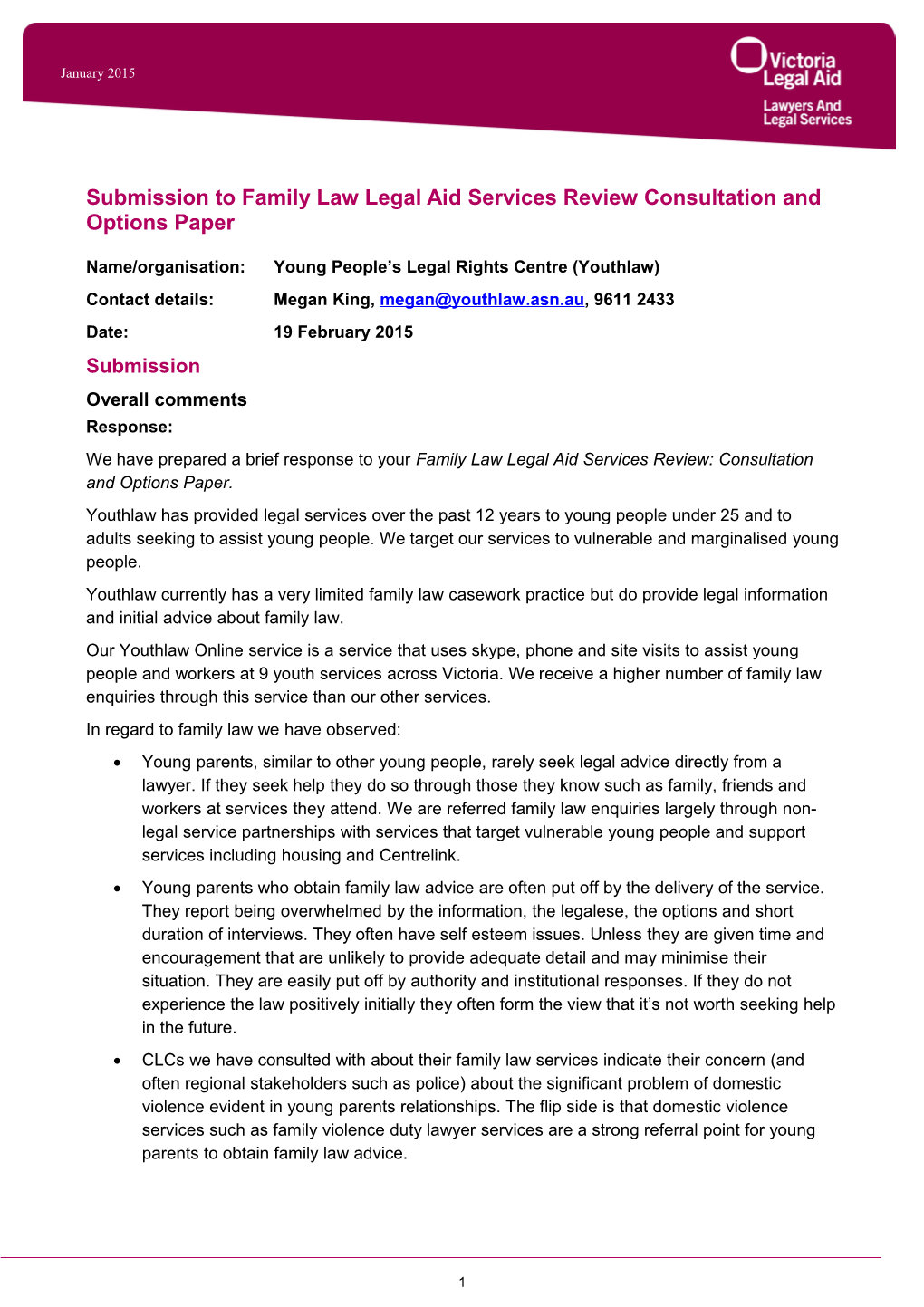 Young People S Legal Rights Centre (Youthlaw) Submission to Family Law Legal Aid Services