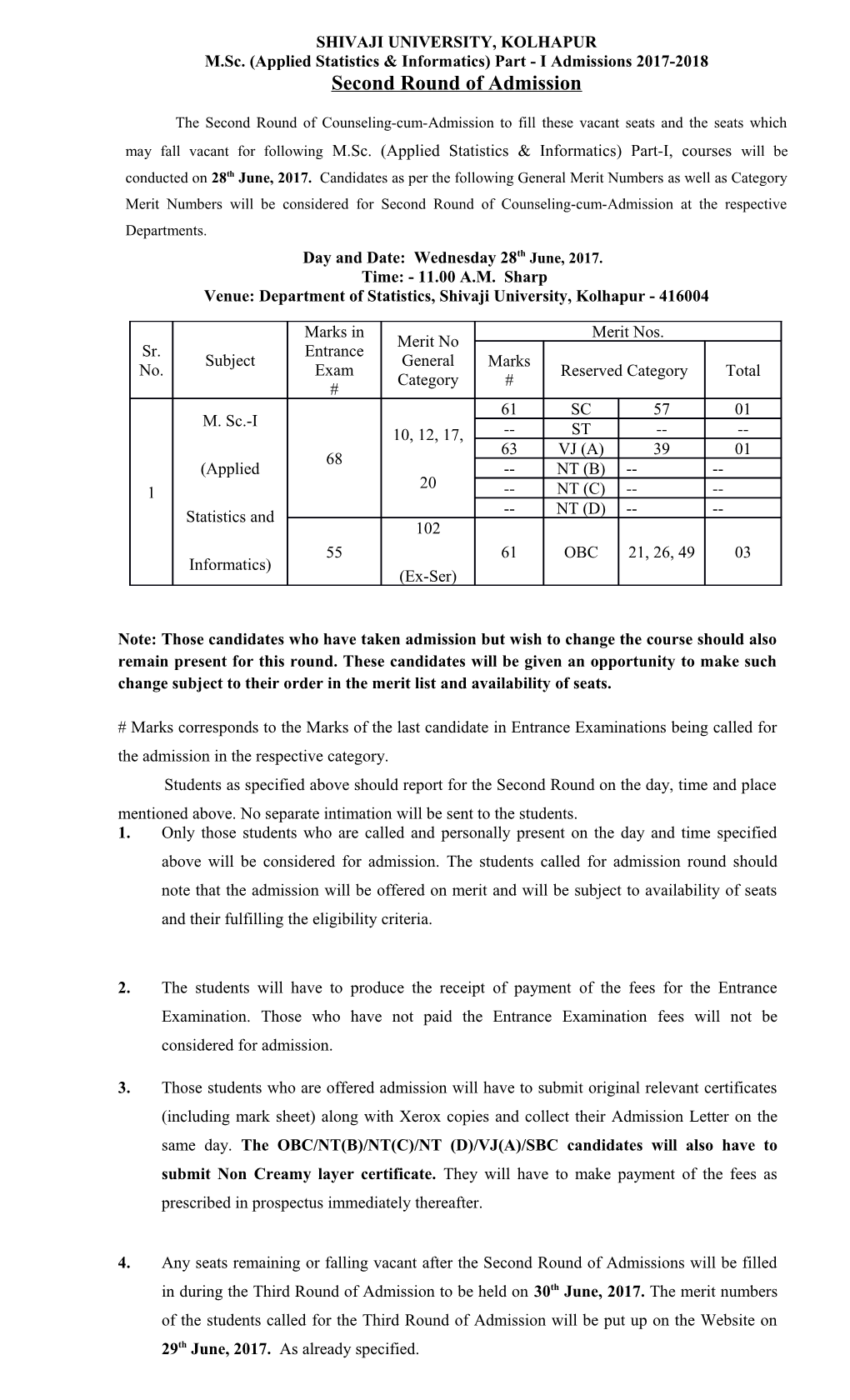 M.Sc. (Applied Statistics & Informatics) Part - I Admissions 2017-2018