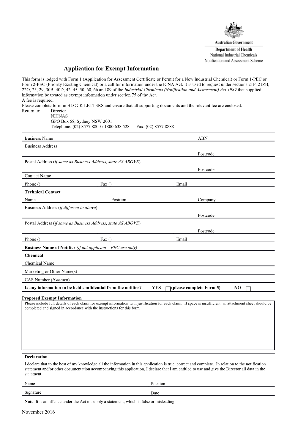 Application for Assessment Certificate (Standard Notification)