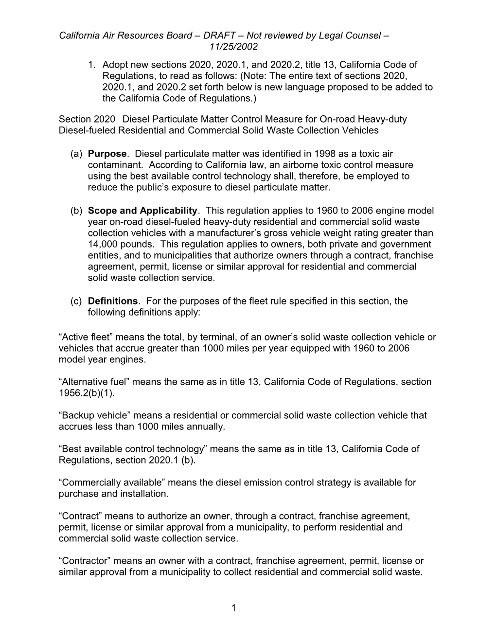 California Air Resources Board DRAFT Not Reviewed by Legal Counsel 11/25/2002
