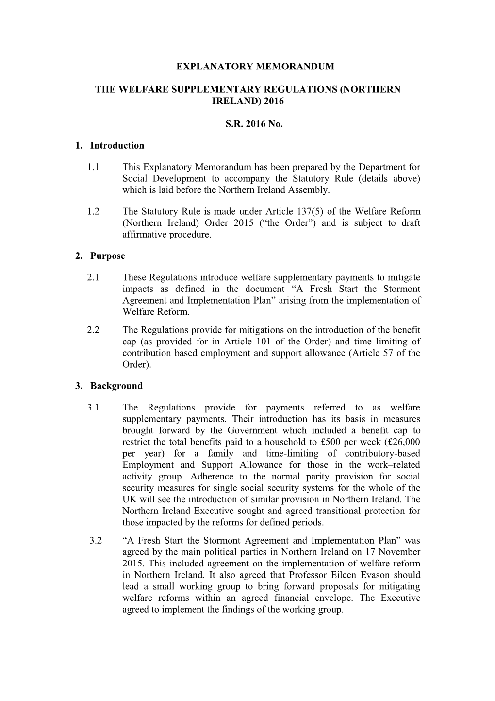 The Welfare Supplementary Regulations(Northern Ireland) 2016