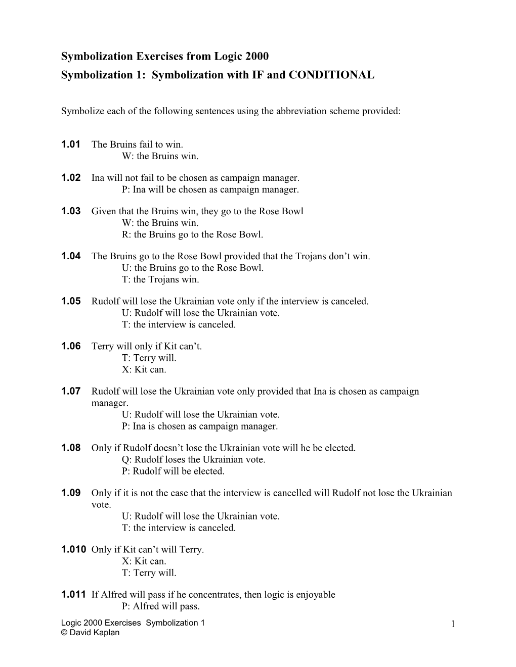 Symbolization Exercises from Logic 2000