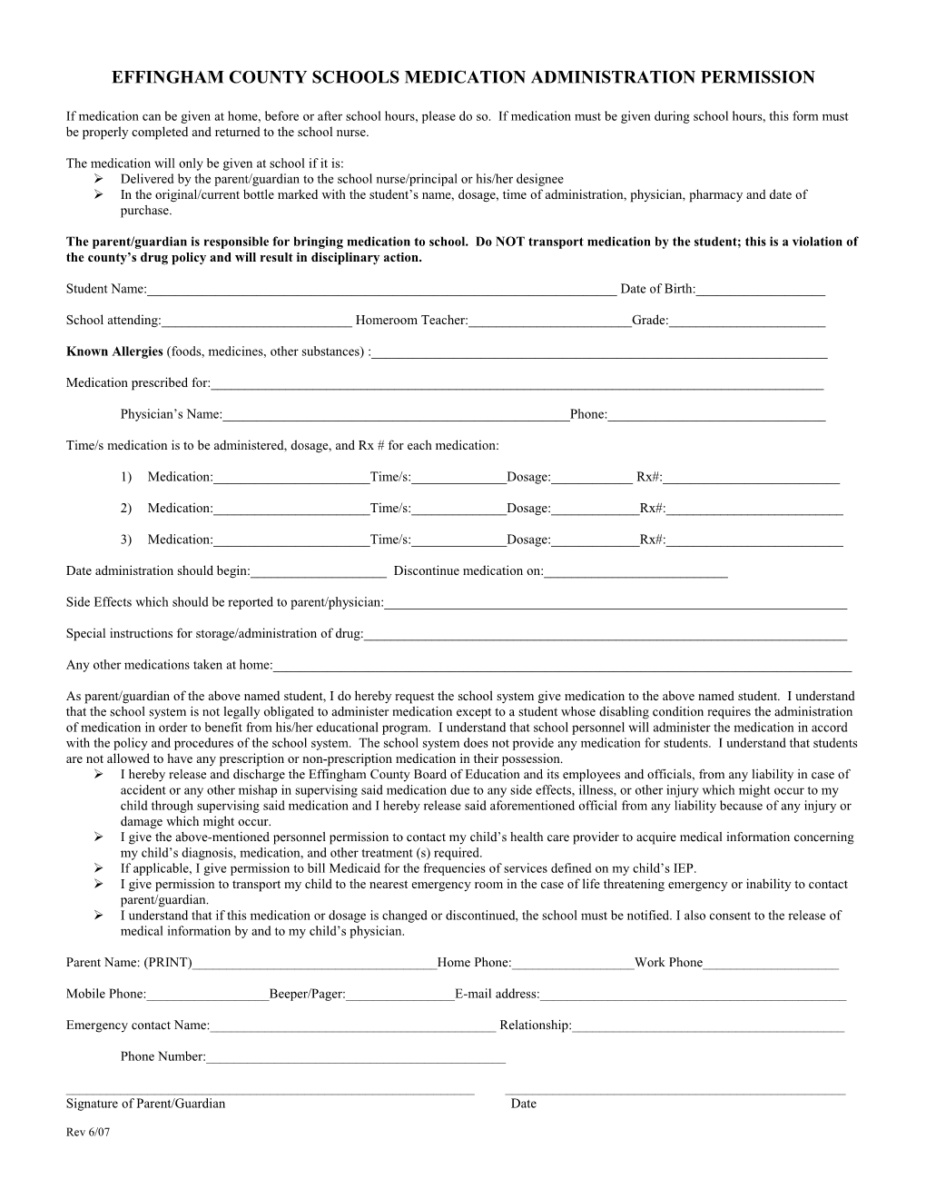 Effingham County Schools Medication Administration Permission