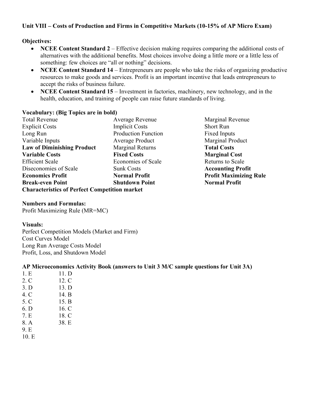 Unit VIII Costs of Production and Firms in Competitive Markets (10-15% of AP Micro Exam)